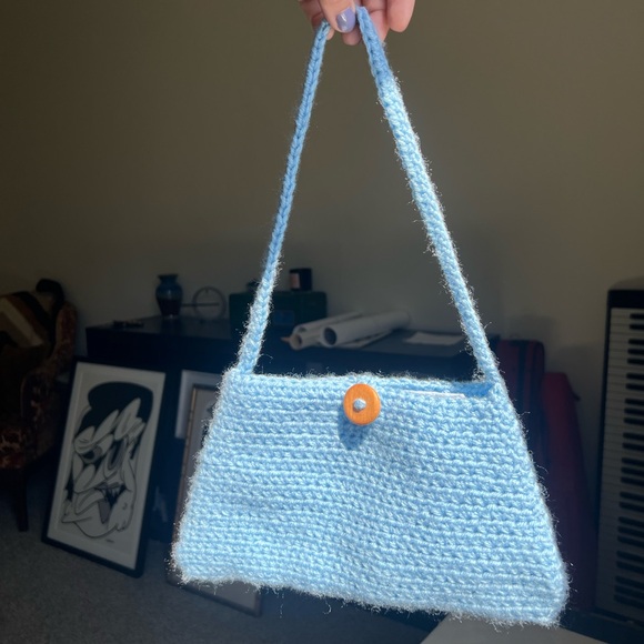 Handmade Baby Blue Crochet Bag with wooden button! - Picture 3 of 6